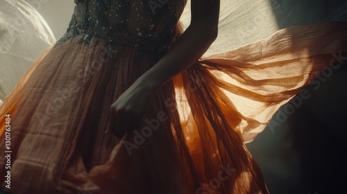 Woman twirling peach gown, sunlit studio, fabric flowing, fashion editorial