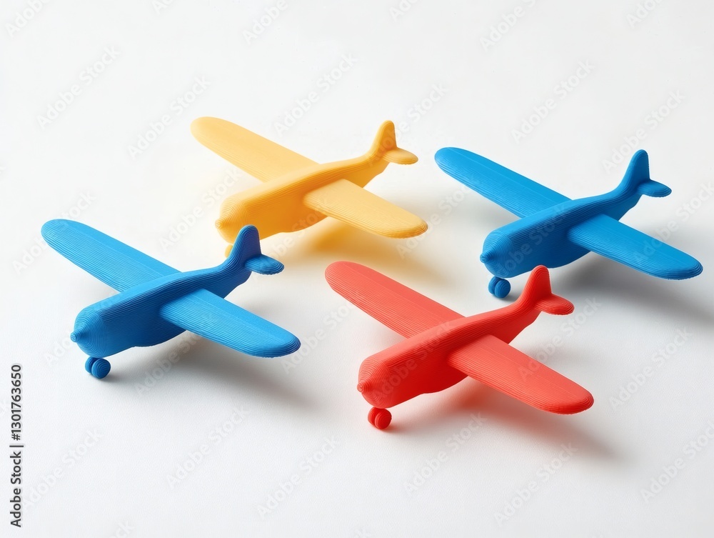 3D Printed Airplane Toys in Different Colors on White Background 3D Printed Airplane Toys in Different Colors on White Background