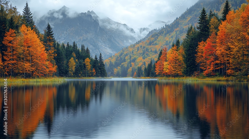 Fototapeta premium Autumn reflection scenic lake nature photography serene environment wide viewpoint