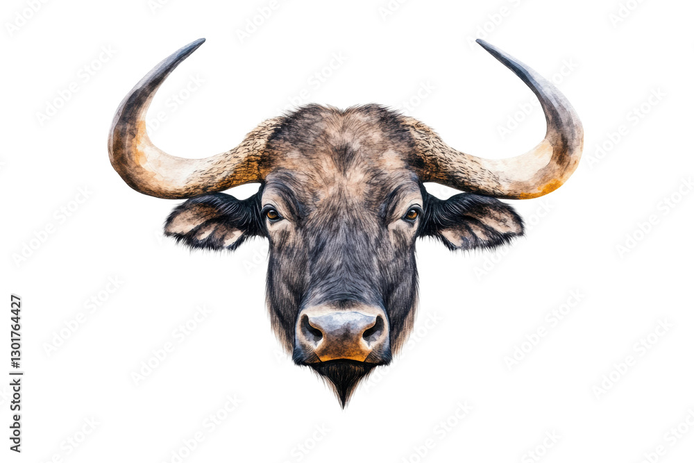 Naklejka premium Buffalo head with horns on white bg, cut out