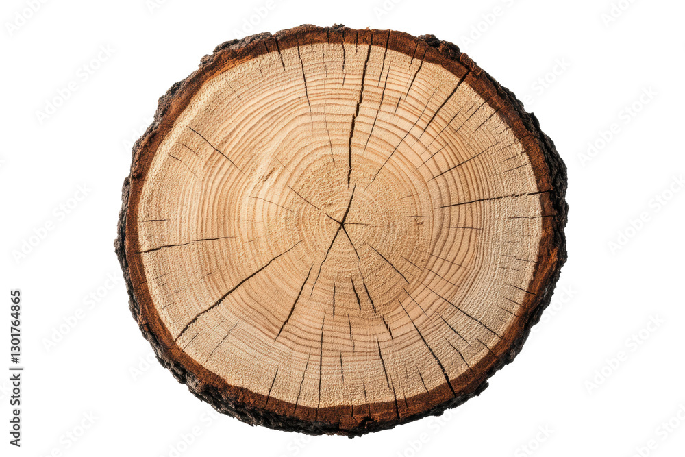 Fototapeta premium Circular wooden log slice showcasing growth rings, cut out