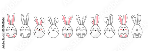 Easter eggs with bunny ears and foot. Bunny face line and flat design icon. Spring egg hunt, cute animal character isolated on white background. Vector illustration