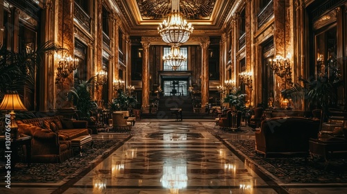 Grand opulent hotel lobby interior with marble floors, chandeliers, and plush seating.