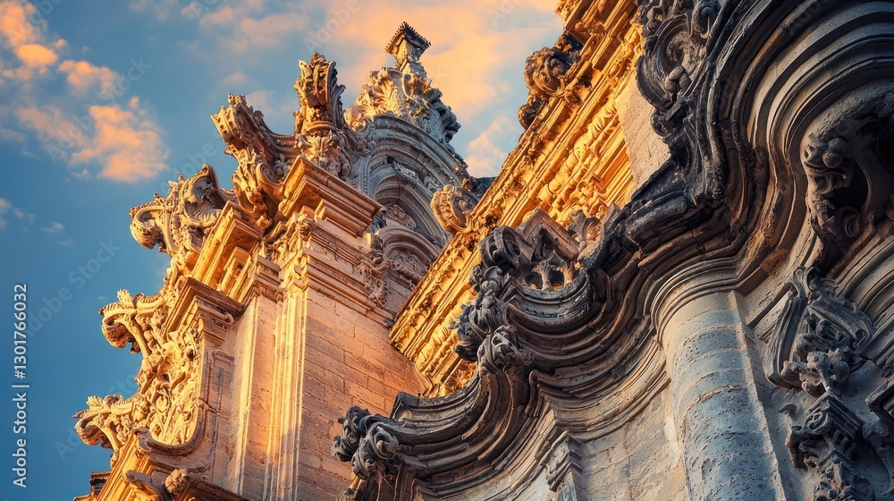 Obraz premium Ornate church facade detail at sunset.
