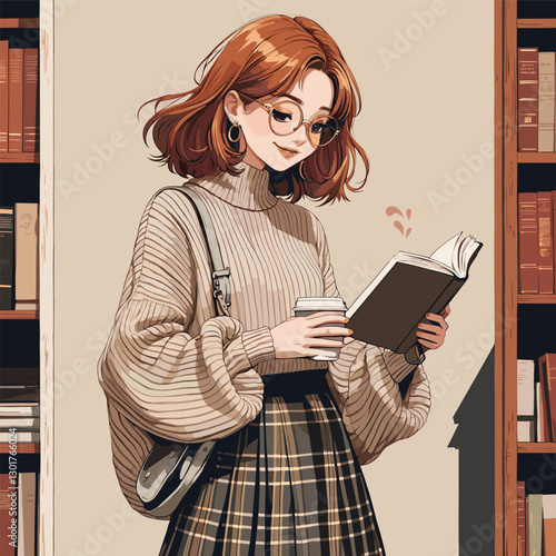 Woman with glasses reads book, holds coffee in library with bookshelves background