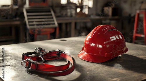 Wallpaper Mural A reflective hard hat positioned next to a safety harness on a worktable. Torontodigital.ca
