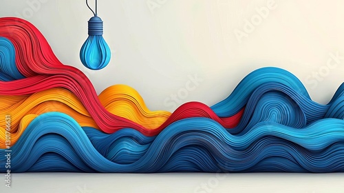World Creativity and Innovation concept week Vibrant waves of color with hanging light bulb.
