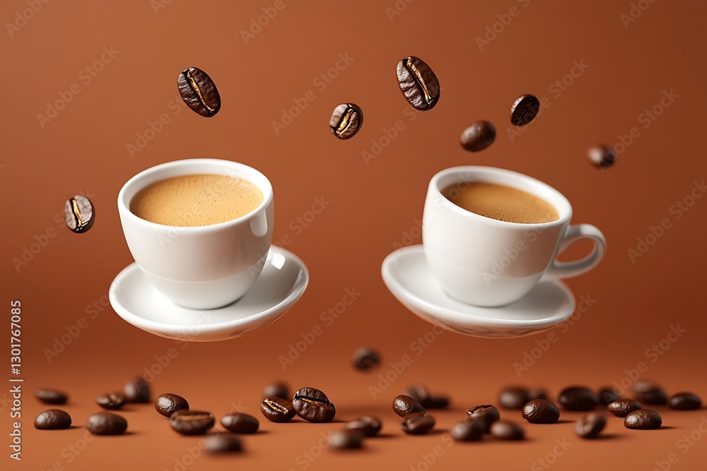 Obraz premium Floating Coffee Cups with Coffee Beans