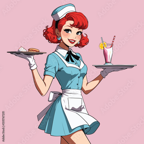 Retro waitress with trays, desserts, and milkshake, smiling with pink background