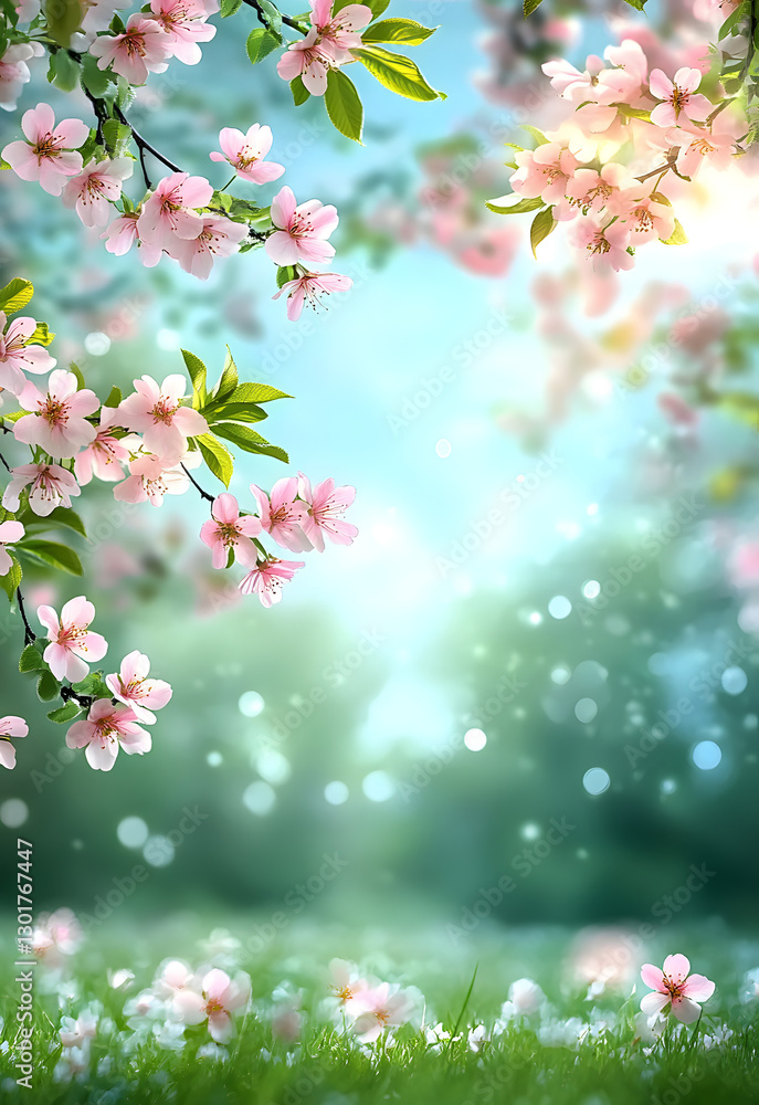 Beautiful blurred spring background nature with blooming glade, trees and blue sky on a sunny day spring poster template with large copy space for text Beautiful blurred spring background nature with blooming glade, trees and blue sky on a sunny day spring poster template with large copy space for text