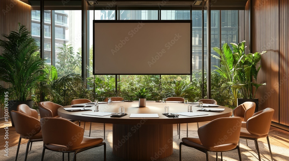 Fototapeta premium A small conference room setup with a round table, comfortable chairs, and a projector screen.