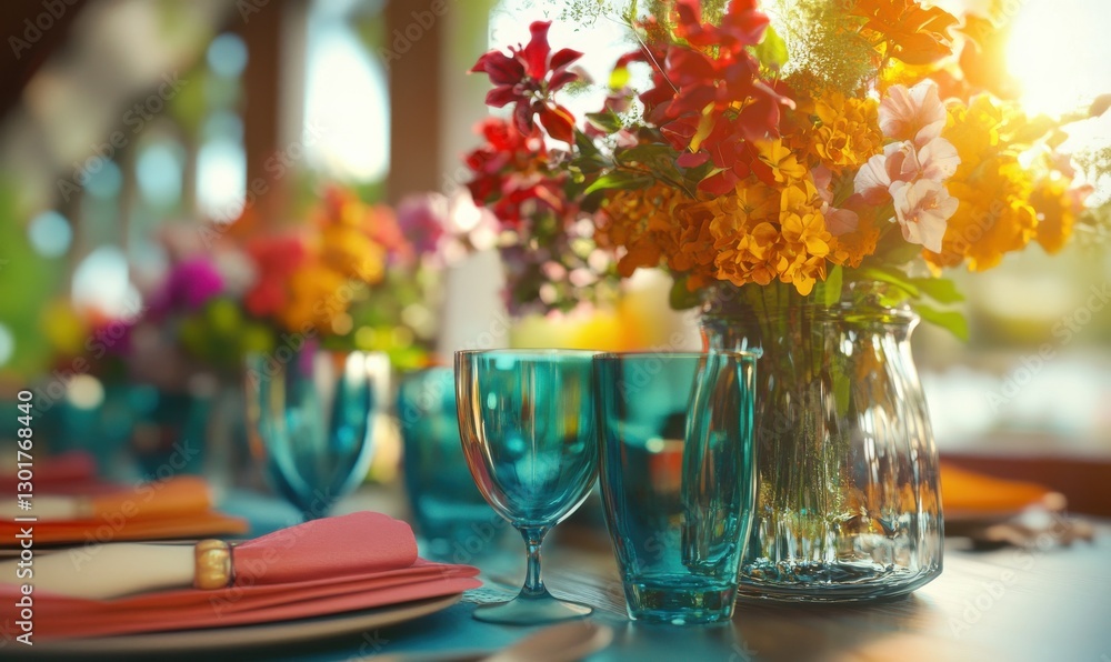 Close-up of a modern dining table with colorful glassware, vibrant floral centerpieces, and neatly folded napkins for a festive dinner Close-up of a modern dining table with colorful glassware, vibrant floral centerpieces, and neatly folded napkins for a festive dinner