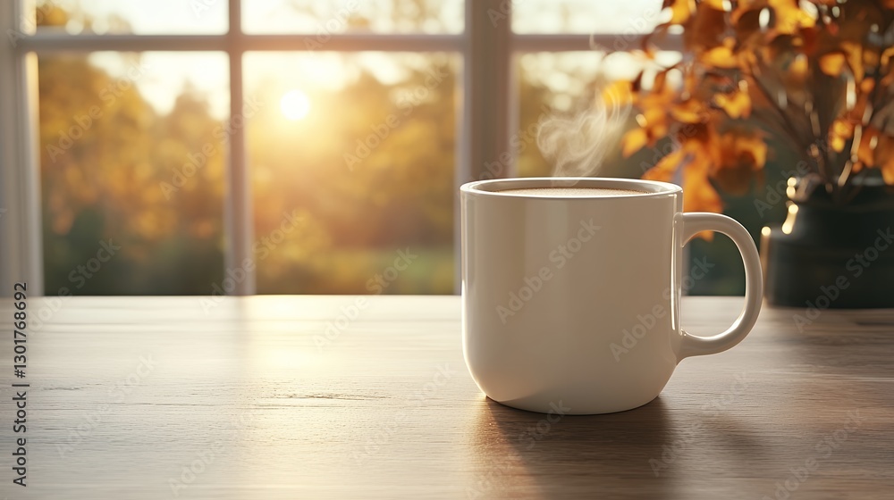 Steaming Mug on Rustic Table in Autumn Sunlight Steaming Mug on Rustic Table in Autumn Sunlight