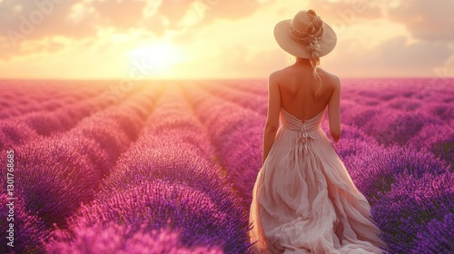 Lavender field woman. A cheerful, happy woman wearing a beige dress and a wide-brimmed hat is smelling lavender blossoms at twilight. Ideal for pleasant and motivating ideas related to travel and wand photo