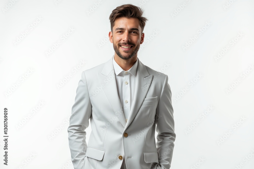Half-Length (Waist-Up) portrait of young stylish smiling Cypriot male model in futuristic wear isolated on pure white background looking at camera Half-Length (Waist-Up) portrait of young stylish smiling Cypriot male model in futuristic wear isolated on pure white background looking at camera