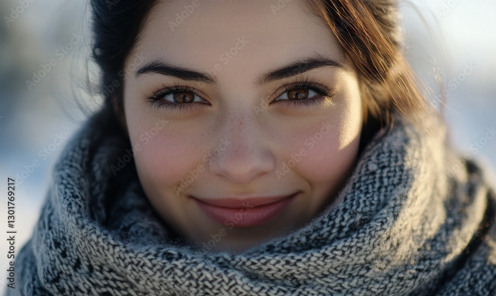 Close-up of a young woman wrapped in a warm scarf, bright natural light enhancing her smile, cheerful winter vibe with vibrant cold tones Close-up of a young woman wrapped in a warm scarf, bright natural light enhancing her smile, cheerful winter vibe with vibrant cold tones
