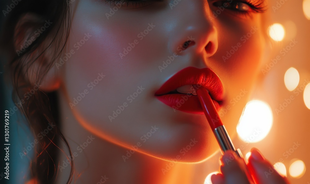 Obraz premium Close-up of a young woman applying red lipstick, soft warm light illuminating her delicate features, elegant and glamorous beauty concept