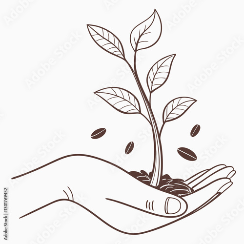 Hand holding a sprouting plant with seeds