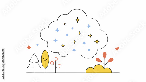 Pollen cloud illustration with colorful trees and stars in a minimalist style