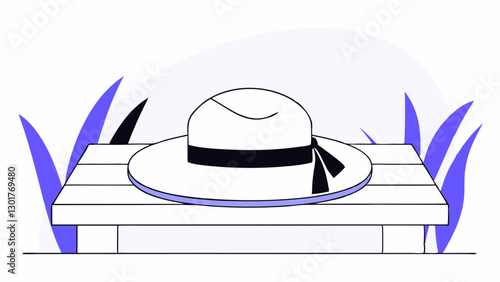 Sun hat on wooden bench surrounded by greenery