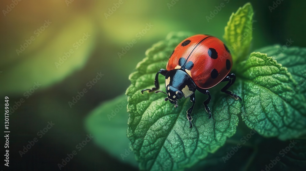 Obraz premium A macro shot of a ladybug perched on a green leaf, Macro photography, Detailed and delicate