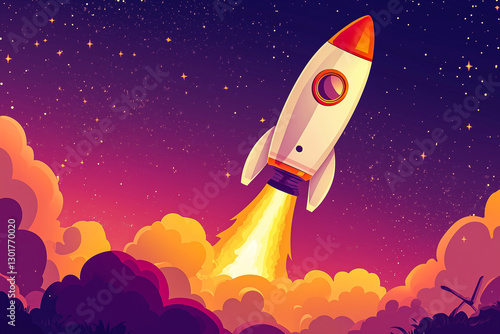 cartoon rocket launching into space with bright flames and thick smoke, twilight sky with stars and fluffy clouds, concept of space exploration, startup growth, technology photo