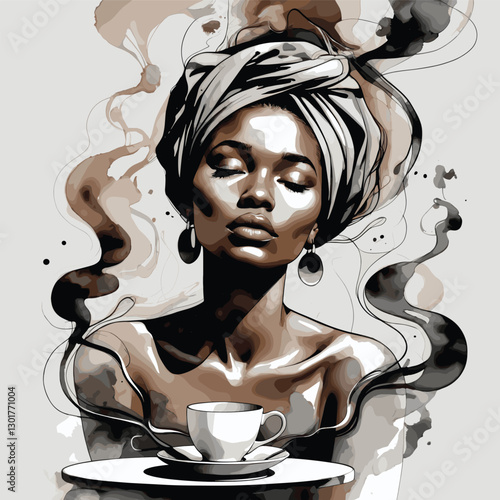 Portrait of woman in turban with coffee cup, steam, and neutral gray background