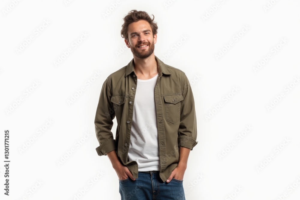 Fototapeta premium Half-Length (Waist-Up) portrait of young stylish smiling Czech male model in bohemian wear isolated on pure white background looking at camera