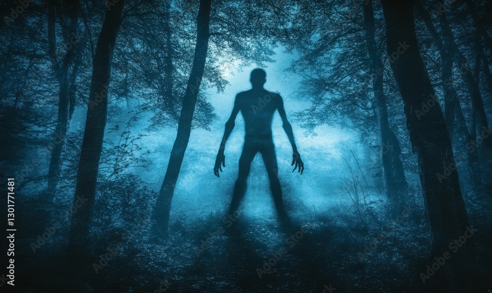 Spooky shadow of a person in a dark forest under dim moonlight, with eerie trees framing the mysterious scene. Spooky shadow of a person in a dark forest under dim moonlight, with eerie trees framing the mysterious scene.