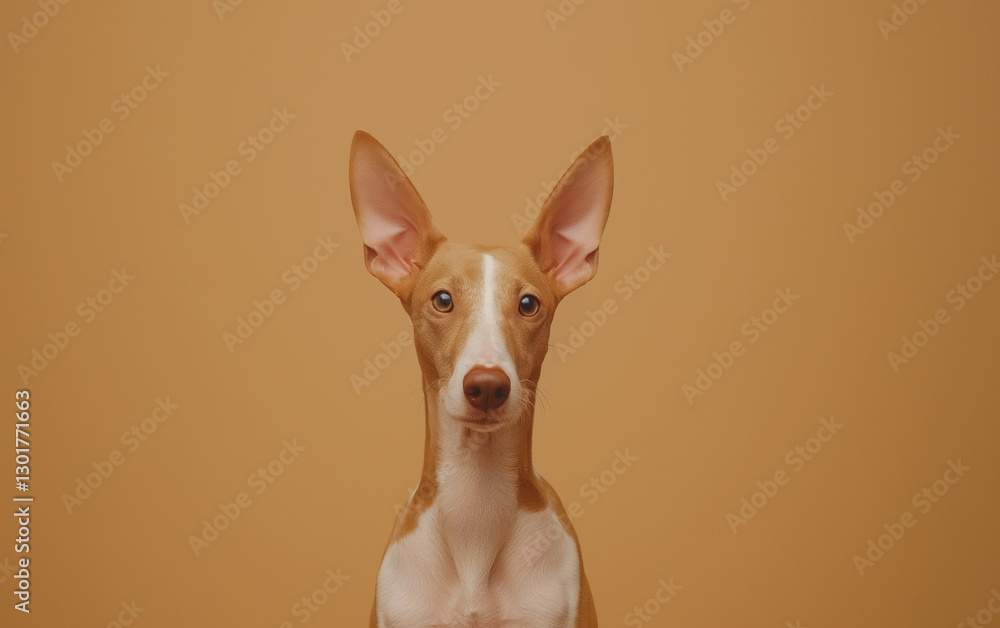 Obraz premium Ibizan Hound dog on minimalistic colorful background with Copy Space. Perfect for banners, veterinary ads, pet food promotions, and minimalist designs. 