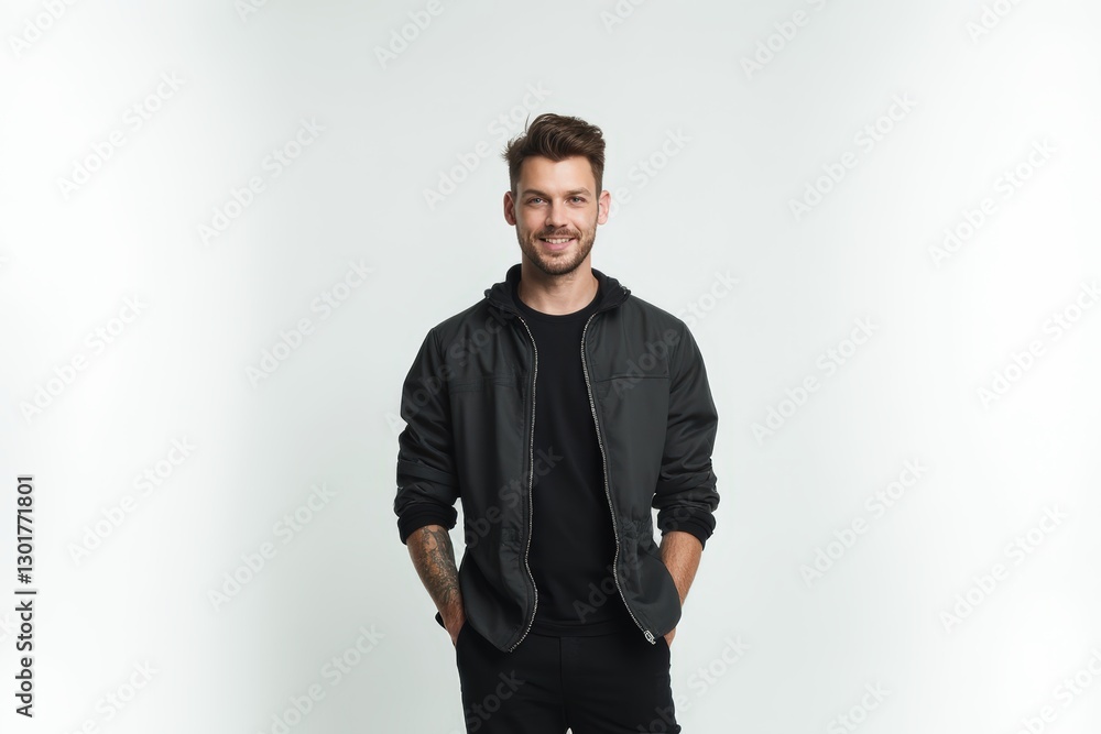 Half-Length (Waist-Up) portrait of young stylish smiling Czech male model in futuristic wear isolated on pure white background looking at camera Half-Length (Waist-Up) portrait of young stylish smiling Czech male model in futuristic wear isolated on pure white background looking at camera