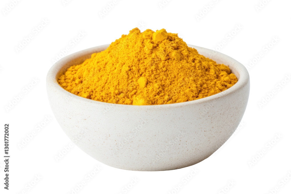 Grind turmeric in a white bowl, cut out Grind turmeric in a white bowl, cut out