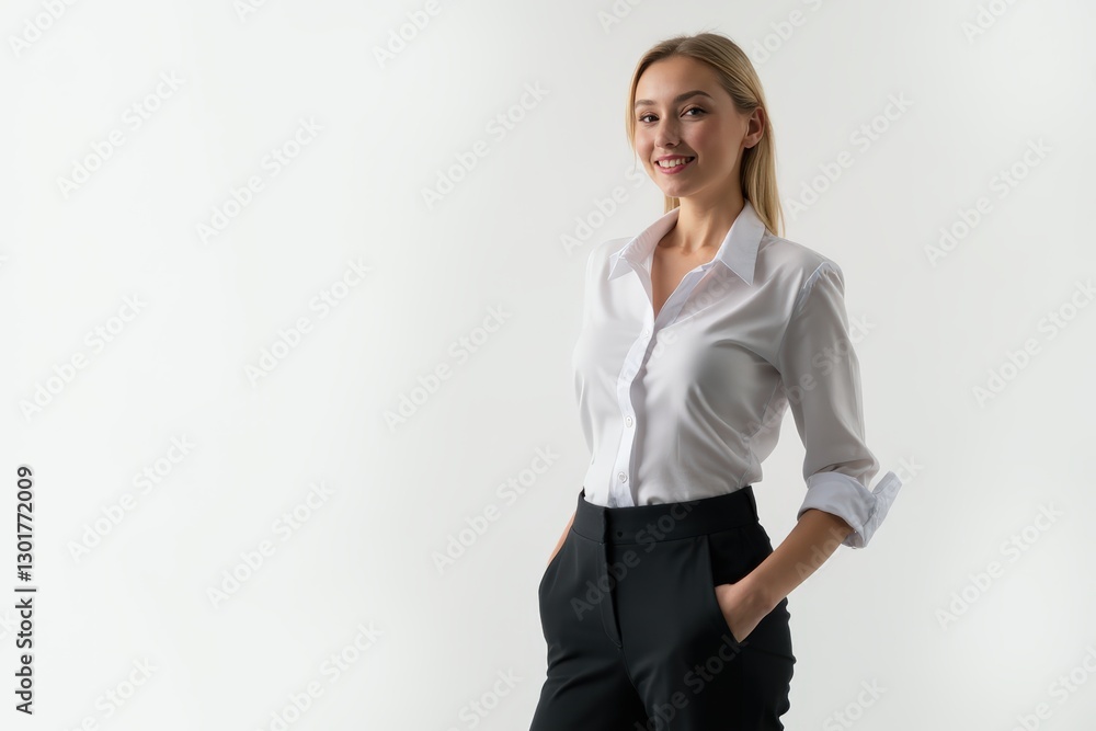 Half-Length (Waist-Up) portrait of young stylish smiling Czech female model in formal wear isolated on pure white background looking at camera Half-Length (Waist-Up) portrait of young stylish smiling Czech female model in formal wear isolated on pure white background looking at camera