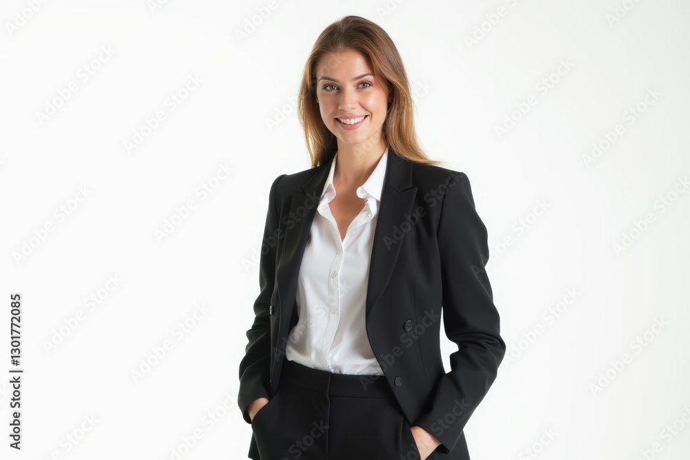 Half-Length (Waist-Up) portrait of young stylish smiling Czech female model in business wear isolated on pure white background looking at camera Half-Length (Waist-Up) portrait of young stylish smiling Czech female model in business wear isolated on pure white background looking at camera