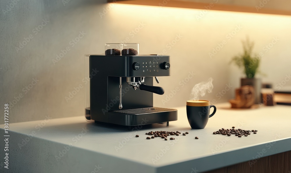 Fototapeta premium Minimalist coffee setup with a sleek espresso machine, steaming cup, and scattered coffee beans on a white countertop.