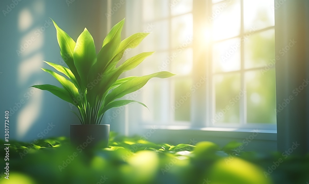 Sunlit Indoor Plant in Pot Near Window Sunlit Indoor Plant in Pot Near Window