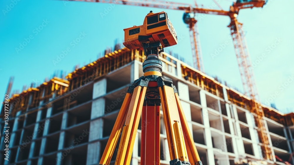 Fototapeta premium Surveying equipment positioned in front of a partially constructed building with cranes in the background.