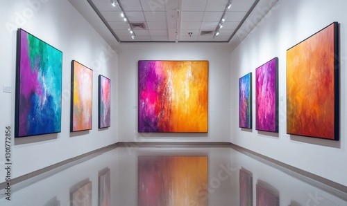 Modern art gallery with vibrant abstract paintings displayed on clean white walls, spotlights highlighting bold colors and texture