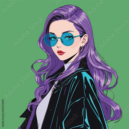 Anime girl with purple hair, blue glasses and jacket, poses on a green background