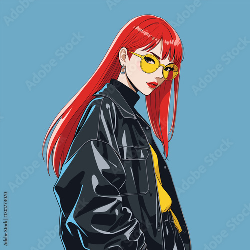 Red-haired woman with yellow glasses in stylish black jacket and blue background
