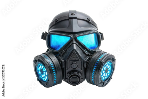 Unique design of a futuristic gas mask with glowing blue lenses for industrial use and artistic expression in creative projects photo