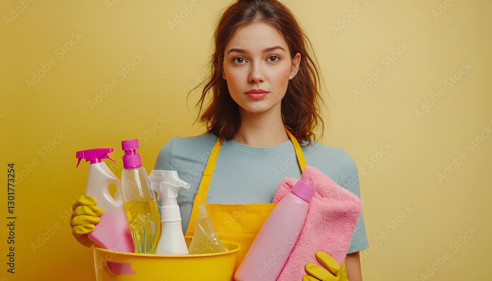 woman housewife wears gloves, apron, holds bucket, bottles of cleaning liquid, alcohol spray, sanitary products and equipment for cleaning. Concept, Cleaning time for hygiene. Housekeeping woman housewife wears gloves, apron, holds bucket, bottles of cleaning liquid, alcohol spray, sanitary products and equipment for cleaning. Concept, Cleaning time for hygiene. Housekeeping