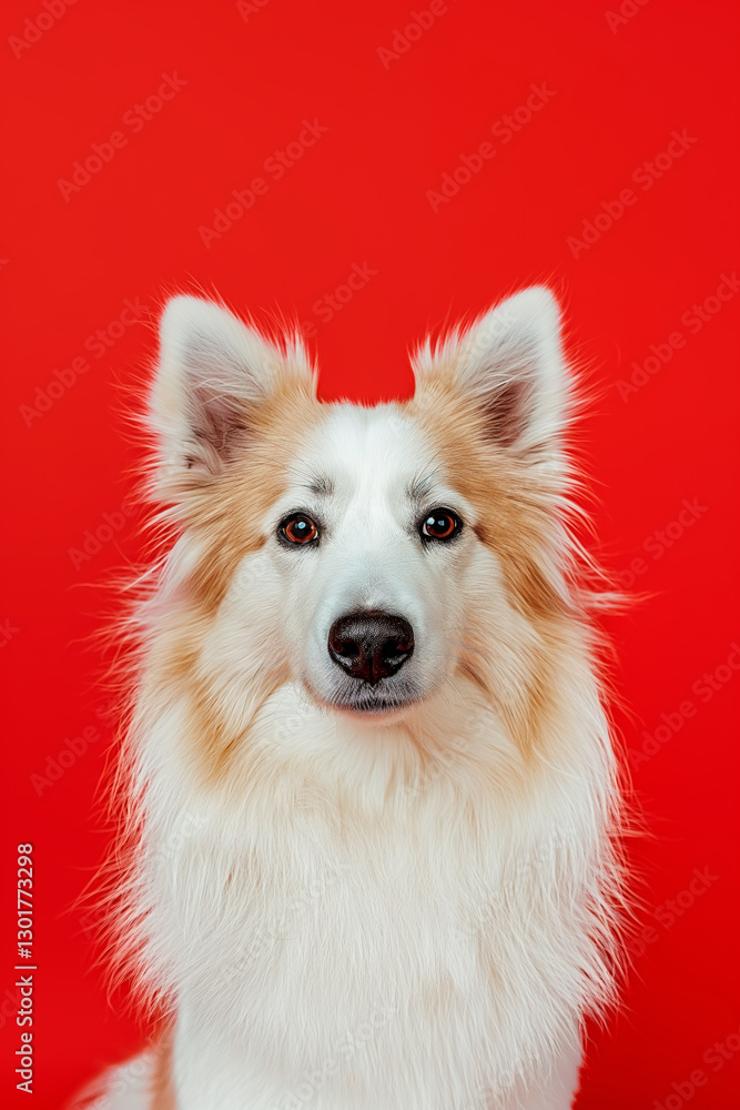 Fototapeta premium Icelandic Sheepdog dog on minimalistic colorful background with Copy Space. Perfect for banners, veterinary ads, pet food promotions, and minimalist designs.