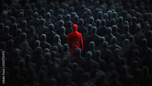 A dense crowd of matte black silhouettes, with a striking red figure in sharp contrast under a spotlight, emphasizing the peril of insider threats in data environments.