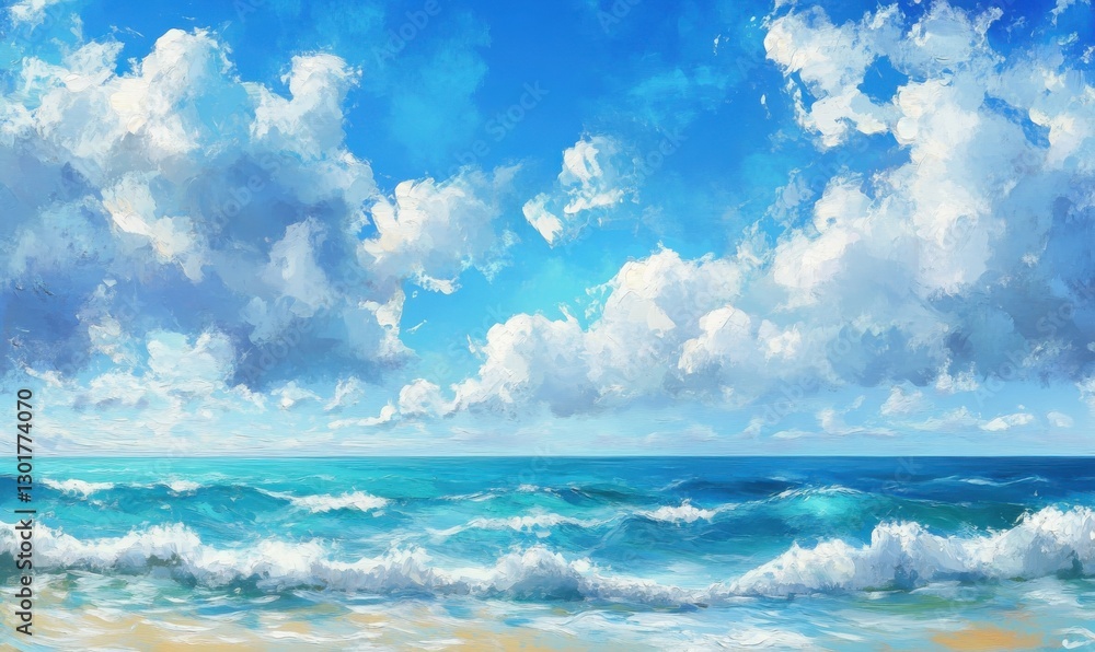 Peaceful Tropical Seascape with Turquoise Waters and Blue Skies. Summer Ocean Panorama with White Fluffy Clouds.