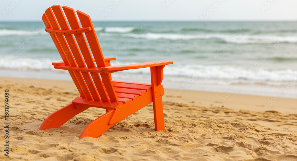 Two red beach chairs facing the ocean on a sandy shore Two red beach chairs facing the ocean on a sandy shore