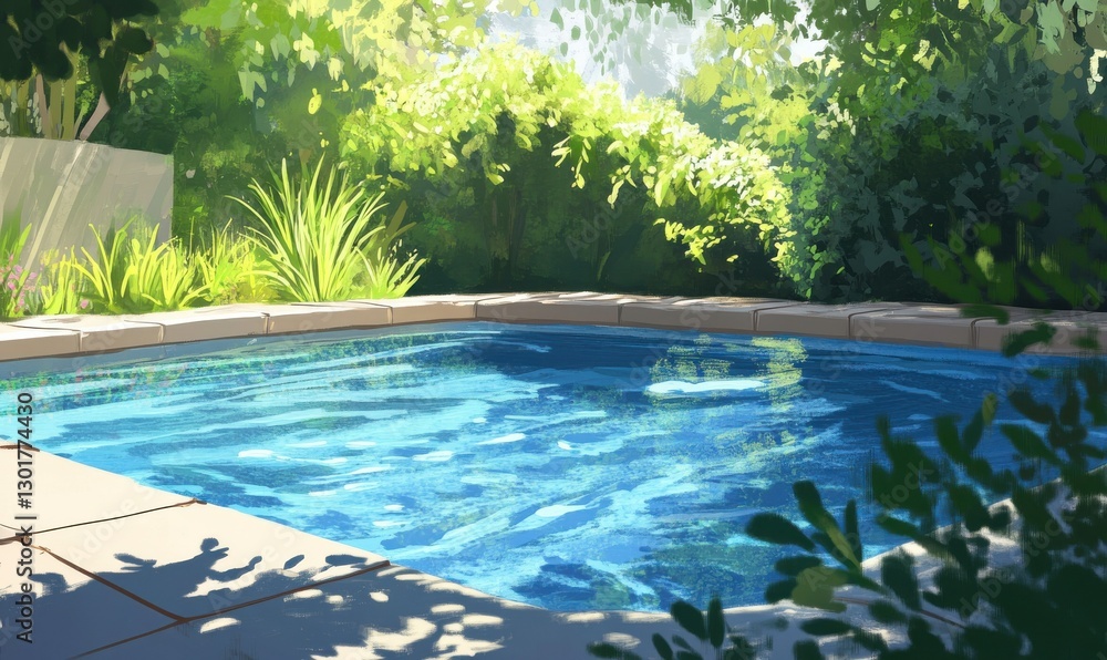 Refreshing swimming pool with sunlit water in summer. Refreshing swimming pool with sunlit water in summer.
