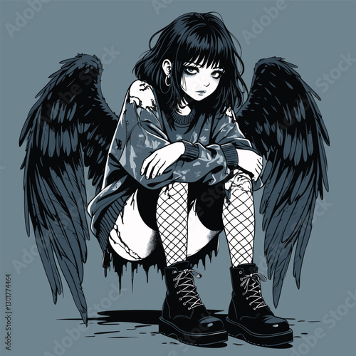 Teen girl with wings sits with arms crossed in front of grey background