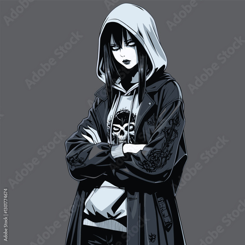 Emo girl in hoodie and coat with crossed arms, skull graphic on gray background