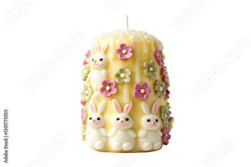 Decorative candle with bunny and flower designs for Easter celebration and festive decor ideas photo